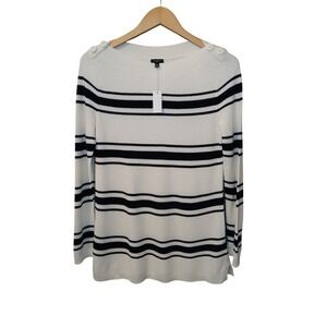 Talbots M Petite Cream Navy‎ Striped Cotton Blend Sweater Boatneck Buttons NWT